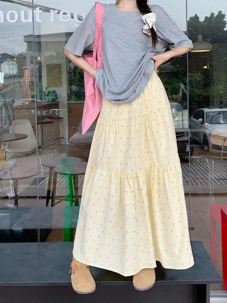 Korean 2024 Spring Summer Women Blue Embroidery Pleated Long Skirts Yellow Elastic High Waist Vacation Party Half Skirt Bohemian