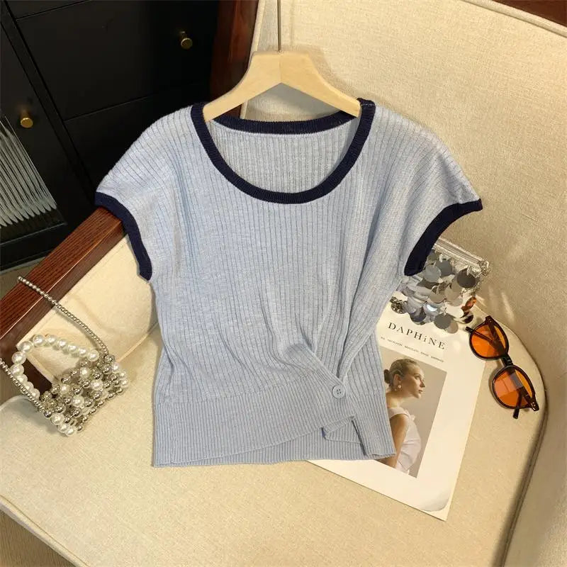 Women Summer Round Neck Patchwork Short Sleeves Knit T-shirt Fashion Festival Casual Ladies Street Button Design Top Popular New