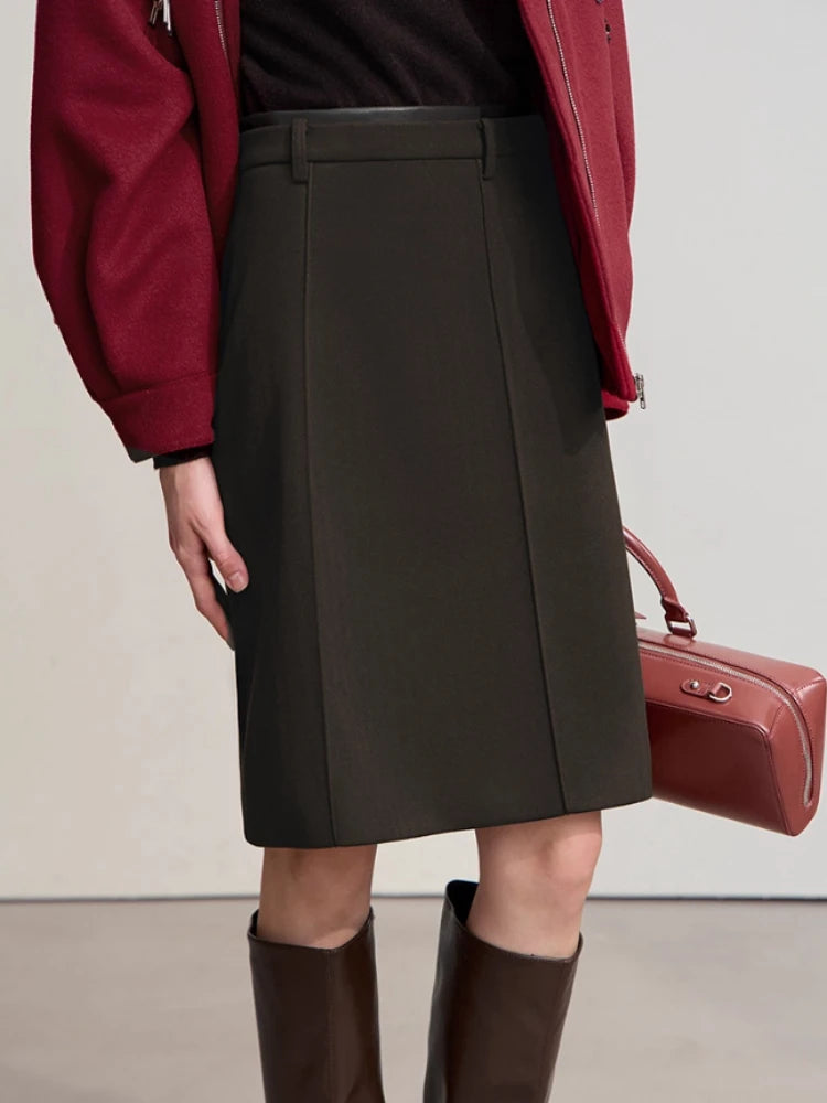 Minimalist Skirts For Women 2025 Winter New Straight Solid Knit Midi Skirt Patchwork Leather Casual Woman Clothes 12524092