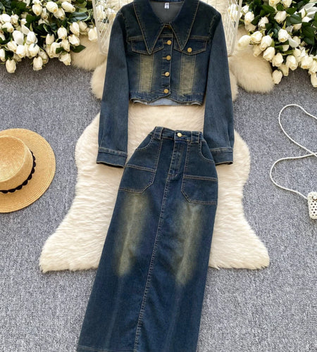Autumn Winter Retro Festival Two Pieces Set Women Blue Single Breasted Elegant Short Denim Tops And High Waist Long Skirt Suits