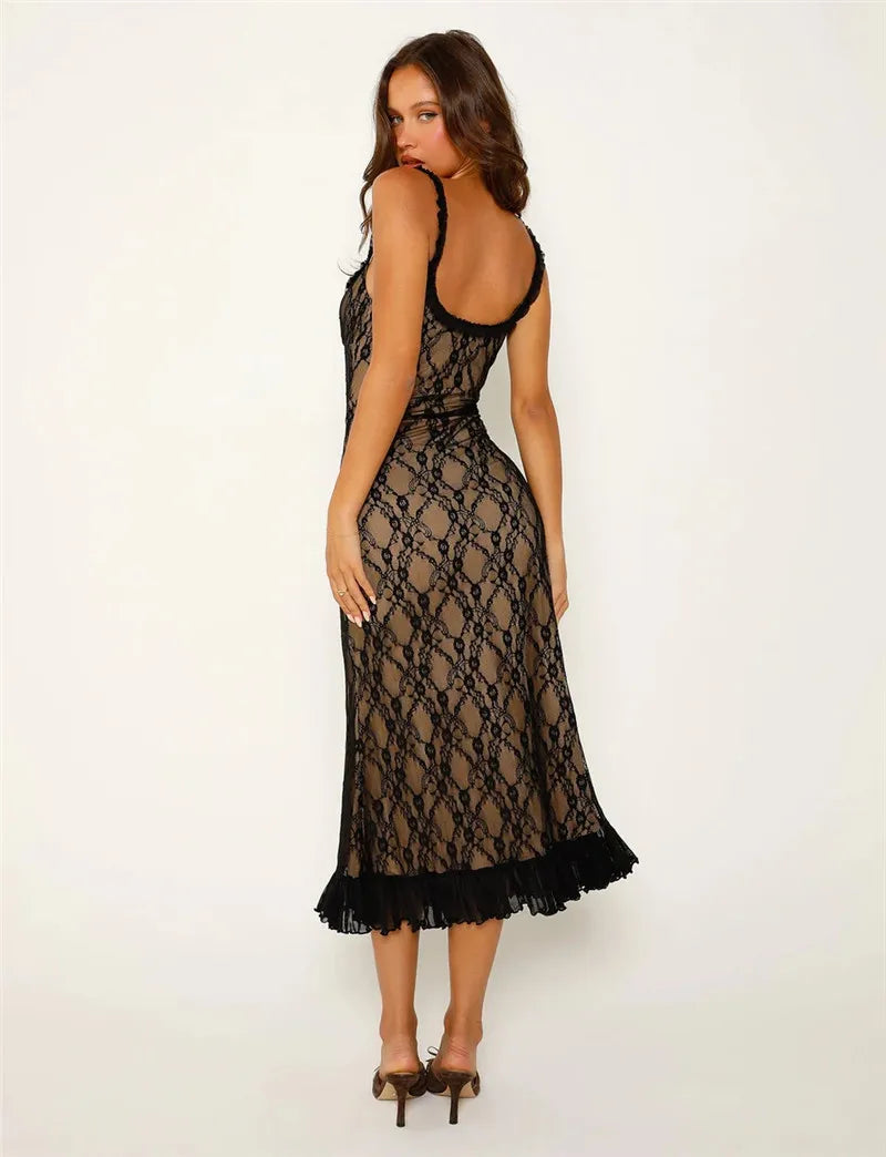 Elegant Lace Print Sexy Maxi Dress For Women Spaghetti Strap Sleeveless Backless Bodycon Club Party Sexy Long Dress