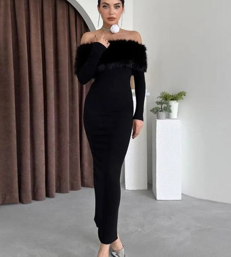Elegant One Shoulder Hairy Long Sleeve Elastic Tight Dress For Women Spring New 2025 Slimming Party Club Evening Dress