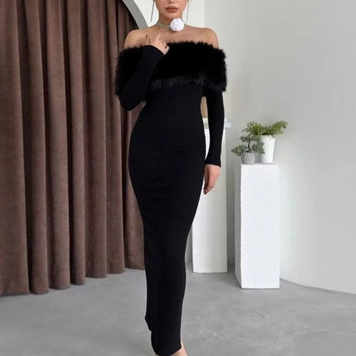 Load image into Gallery viewer, Elegant One Shoulder Hairy Long Sleeve Elastic Tight Dress For Women Spring New 2025 Slimming Party Club Evening Dress
