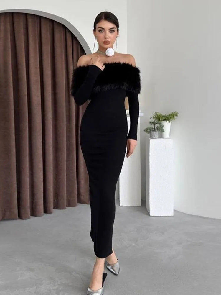 Elegant One Shoulder Hairy Long Sleeve Elastic Tight Dress For Women Spring New 2025 Slimming Party Club Evening Dress