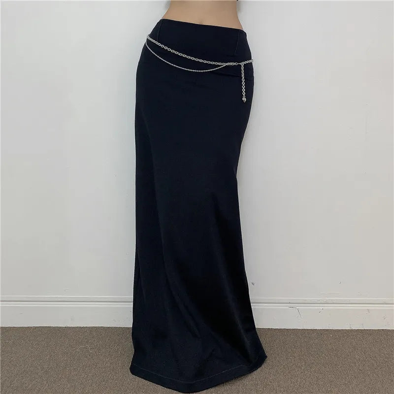 Casual Elegant Retro Solid Long Skirt Korean Fashion Split Summer Chic Women Skirts High Waisted Brown Clothes Bottom