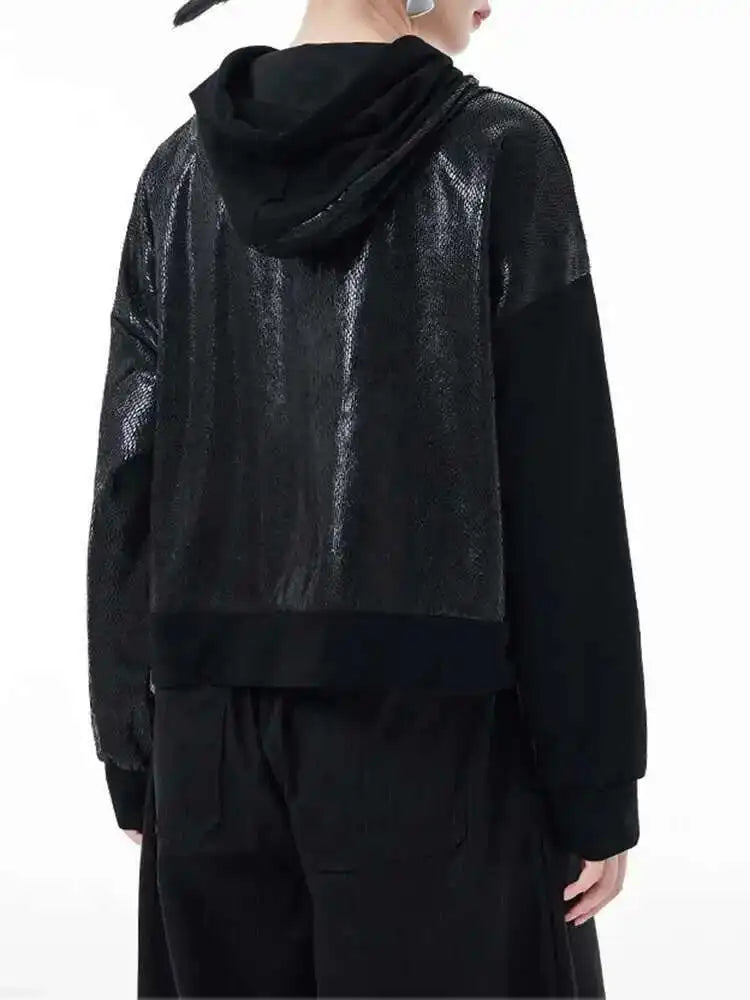 Black Spliced Casual Cool Sweatshirt New Hooded Long Sleeve Women Big Size Fashion Tide Spring Autumn 2025 1DH3873