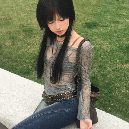 Load image into Gallery viewer, Grunge Aesthetics Mesh Tops Japanese Y2k Sheer Tops Vintage Harajuku See Through Crop Top Korean Fashion Tie Dye T-shirt
