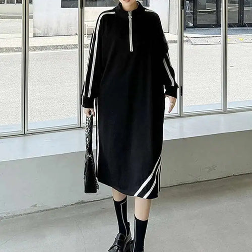 Load image into Gallery viewer, Women Black Striped Spliced Zipper Big Size Midi Dress New Turtleneck Long Sleeve Fashion Tide Spring Autumn 2025 1DH6819
