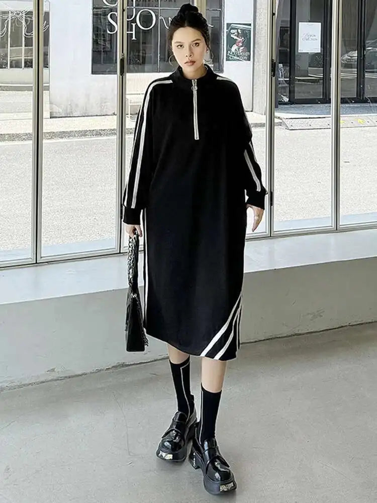Women Black Striped Spliced Zipper Big Size Midi Dress New Turtleneck Long Sleeve Fashion Tide Spring Autumn 2025 1DH6819