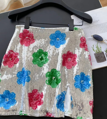 French Women Fashion Floral Sequined Sexy Club Zipper Mini Skirt Vintage High Waist Lady Split Short Skirts Spring Summer Trendy