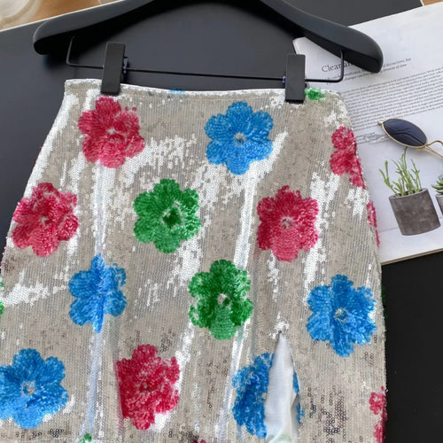 Load image into Gallery viewer, French Women Fashion Floral Sequined Sexy Club Zipper Mini Skirt Vintage High Waist Lady Split Short Skirts Spring Summer Trendy
