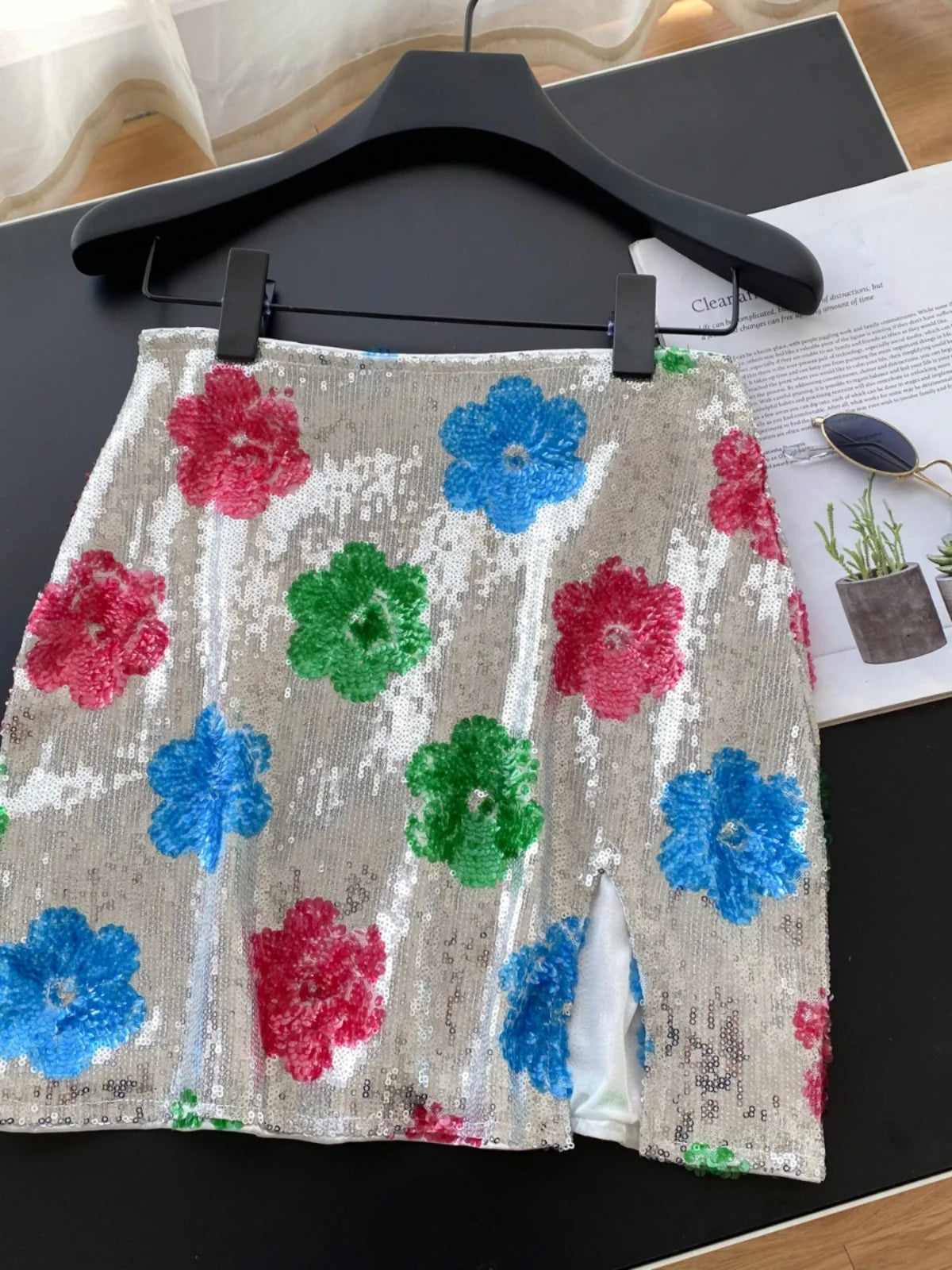 French Women Fashion Floral Sequined Sexy Club Zipper Mini Skirt Vintage High Waist Lady Split Short Skirts Spring Summer Trendy