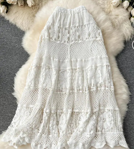 Retro French White Elegant Hook Flower Hollow Elastic High Waist Skirt Women Khaki Vacation Slim Skirts Female Autumn New Trend