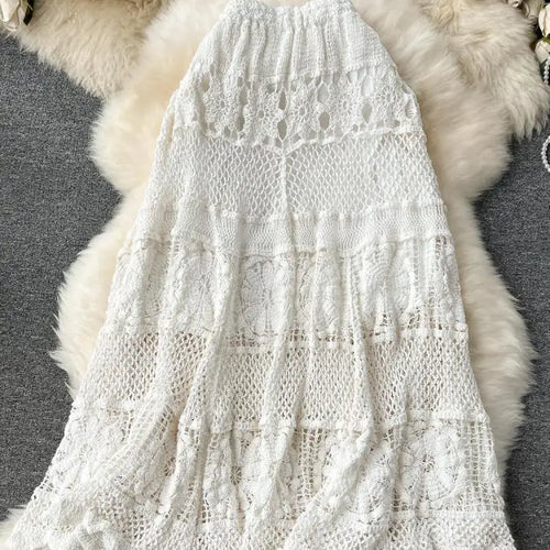 Load image into Gallery viewer, Retro French White Elegant Hook Flower Hollow Elastic High Waist Skirt Women Khaki Vacation Slim Skirts Female Autumn New Trend
