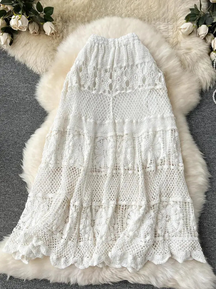 Retro French White Elegant Hook Flower Hollow Elastic High Waist Skirt Women Khaki Vacation Slim Skirts Female Autumn New Trend