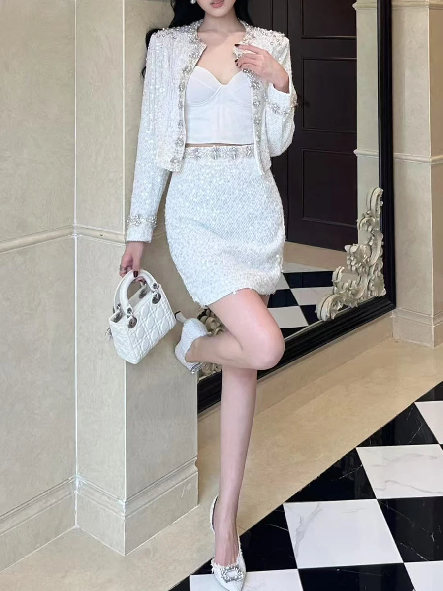 Solid Spliced Sequins Two Piece Sets for Women O Neck Long Sleeves Top Mini Skirt Patchwork Bead Elegant Set Female