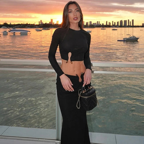 Load image into Gallery viewer, Autumn Winter Skirt Two Pieces Sets Women Sexy Long Sleeve Crop Tops And Elegant Maxi Skirt Sets Ladies Holiday Sets
