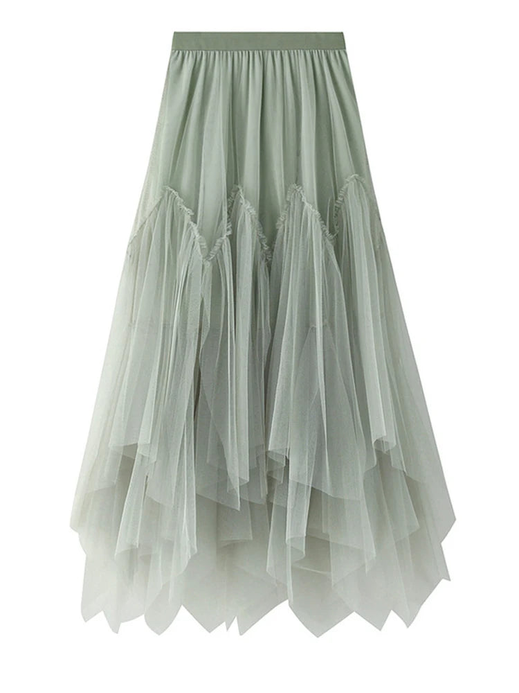 High Elastic Waist Green Irregular Pleated Mesh A-line Half-body Skirt Women Fashion Tide New Spring Autumn 2025 1DJ0436