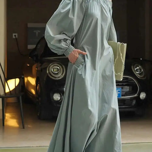 Load image into Gallery viewer, Women Black Brief Long Elegant Dress New Slash Neck Long Puff Sleeve Loose Fit Fashion Tide Spring Autumn 2025 1DF9947
