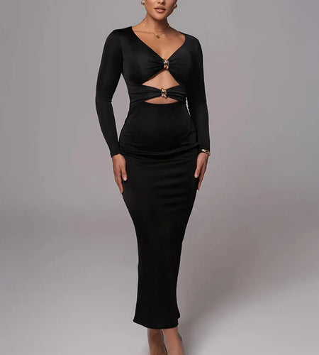 Sexy Hollowed Out Long Sleeved Dress Dress For Women Elegant Bodycon Party Club Evening Dress Winter 2025 Female Vestido