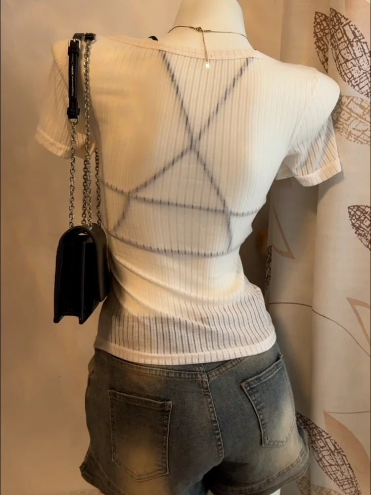 2025 Summer Two Pieces Set Harajuku Solid Button Bodycon Casual T-shirt + Women Y2k Aesthetic Sexy Grunge Cropped Fairy Tank Top