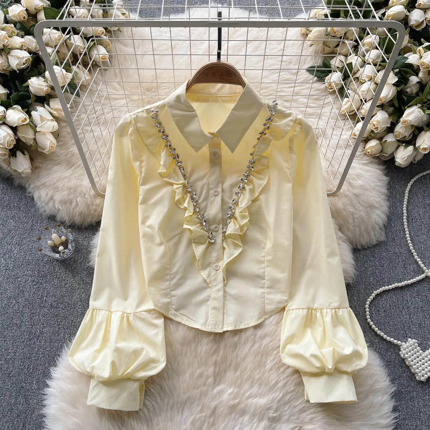 French Vintage Solid Elegant Long Sleeve Ruffle Tops Autumn Female Turn-down Collar Shirt Women Button Versatile Pleated Blouse