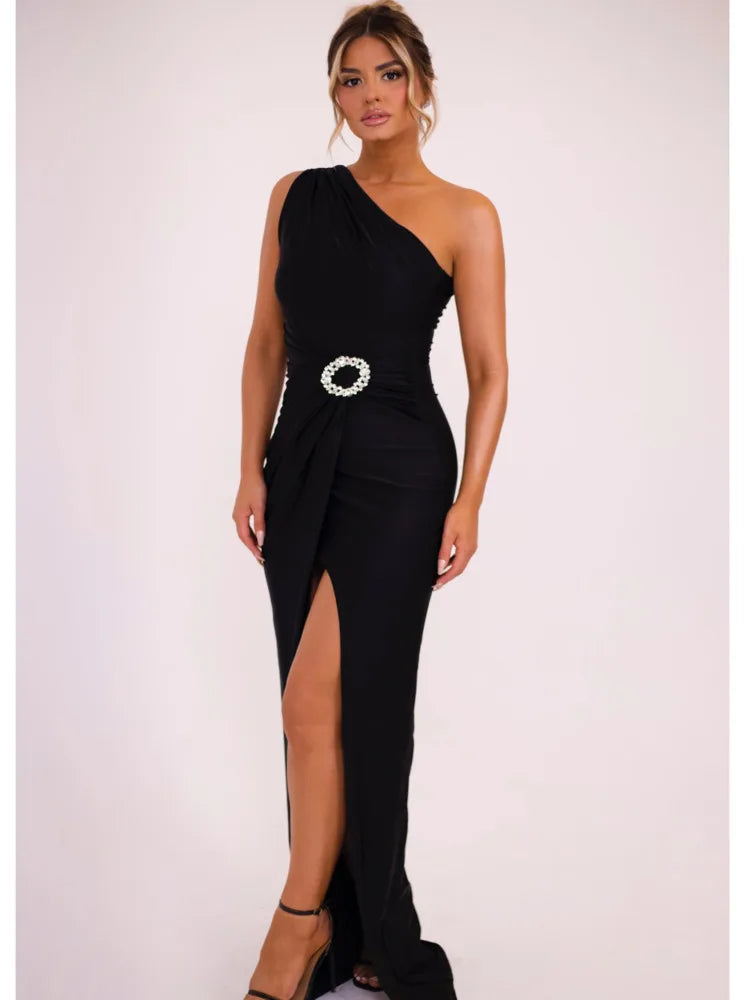 Elegant Diagonal High Split Pleated Evening Dress For Women Elastic Tight Sexy Maxi Female Party Summer 2024 New Vesidos