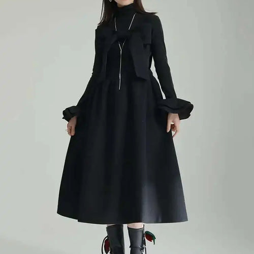 Load image into Gallery viewer, Women Gray Bow Bandage Spliced Long Elegant Woolen Dress New Sleeveless Loose Fit Fashion Tide Autumn Winter 2025 1DF3527
