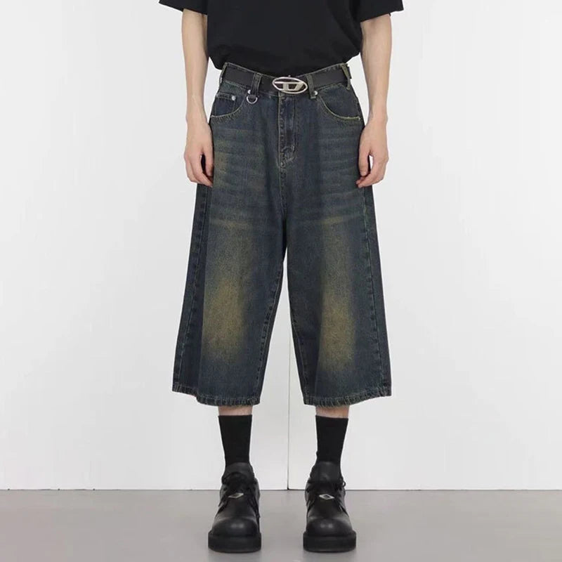 Men's Denim Shorts New Summer Washed Loose Straight Leg Pants New American Solid Color Style Male Bottoms 2025 9W1490