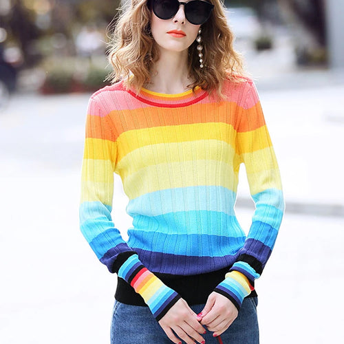Load image into Gallery viewer, New Multicolor Rainbow Sweater Autumn Winter Women Sweater O-Neck Knitted Jumper Top Loose Casual Warm Femme Sweater C-144
