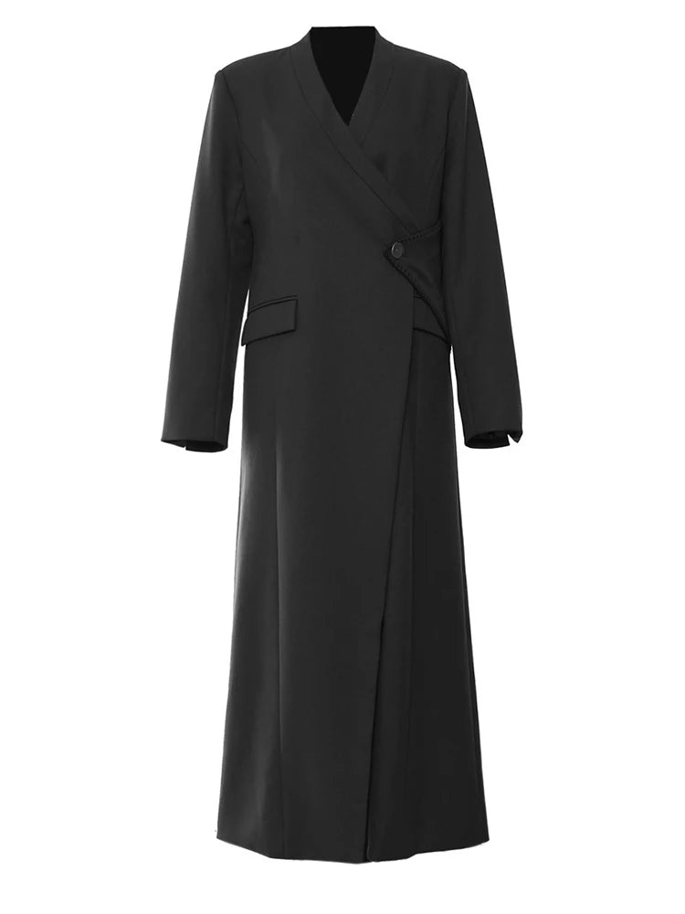 Women Brown Irregular Single Button Long Elegant Blazer New V-neck Long Sleeve Jacket Fashion Spring Autumn 2025 1DH6489