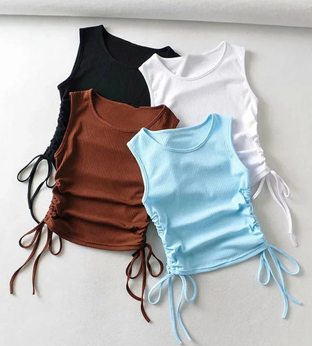 2025 Summer NEW Arrival Women Solid Color Sexy Causal Crop Top With String Both Side Club For Fashion Ladies