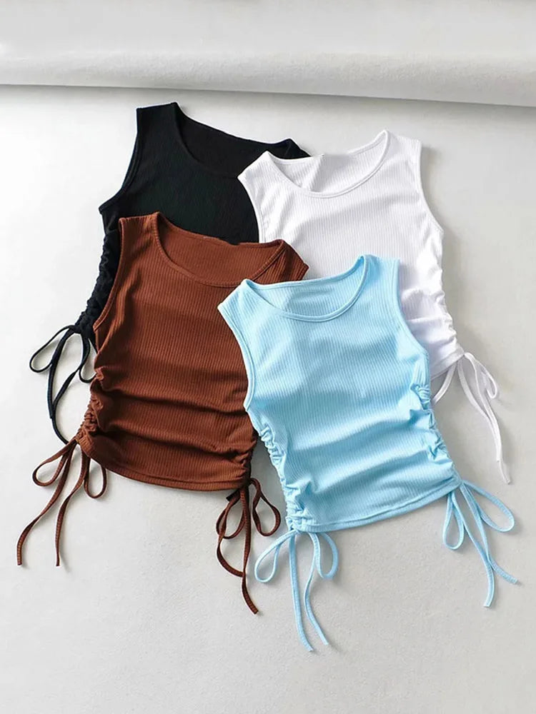 2025 Summer NEW Arrival Women Solid Color Sexy Causal Crop Top With String Both Side Club For Fashion Ladies