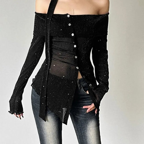 Load image into Gallery viewer, 2025 Black Shiner Slash Neck Tees Vintage Irregular Single Breasted Harajuku Crop Tops Grunge Slim Women T-shirts Y2k Aesthetic
