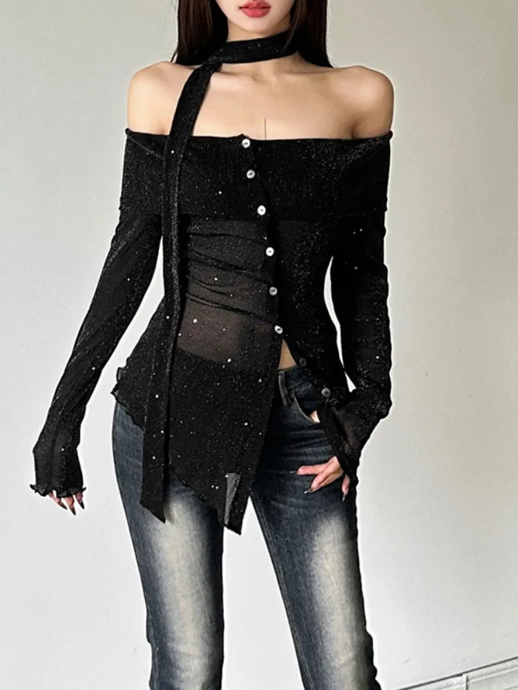 2025 Black Shiner Slash Neck Tees Vintage Irregular Single Breasted Harajuku Crop Tops Grunge Slim Women T-shirts Y2k Aesthetic