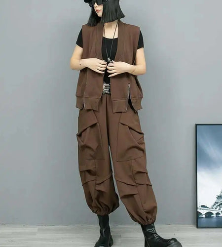 Big Size Coffee Vest Wide Leg Pants Two Piece Suit New V-Neck Sleeveless Women Fashion Tide Spring Autumn 2025 1DH8108