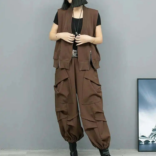 Load image into Gallery viewer, Big Size Coffee Vest Wide Leg Pants Two Piece Suit New V-Neck Sleeveless Women Fashion Tide Spring Autumn 2025 1DH8108
