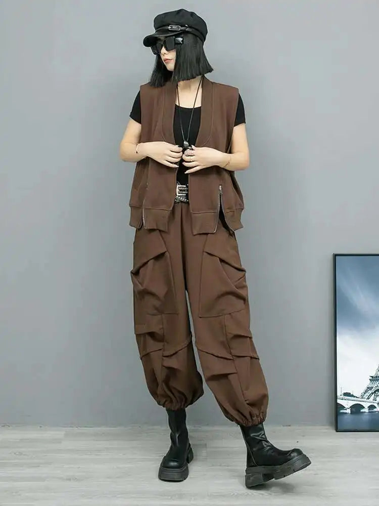 Big Size Coffee Vest Wide Leg Pants Two Piece Suit New V-Neck Sleeveless Women Fashion Tide Spring Autumn 2025 1DH8108