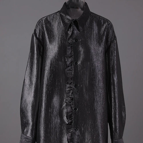 Load image into Gallery viewer, Women Black Thin Ruffles Perspective Big Size Blouse New Lapel Long Sleeve Shirt Fashion Tide Spring Autumn 2025  CPG3108
