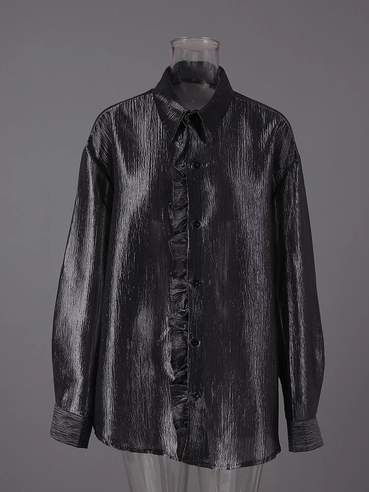 Women Black Thin Ruffles Perspective Big Size Blouse New Lapel Long Sleeve Shirt Fashion Tide Spring Autumn 2025  CPG3108