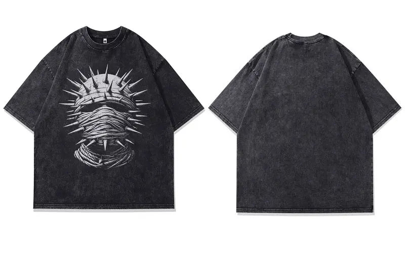 Vintage Black T-Shirt Chain Mask Graphic Print Punk Gothic Washed Tshirt Streetwear Men Hip Hop Loose Cotton 2024 Harajuku Tops