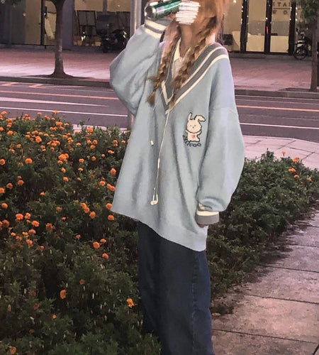 V-neck Loose Sweater Women Y2k Aesthetics Pullover Harajuku Rabbit Kawaii Blue Jumpers Grunge Korean Fashion Cute Tops