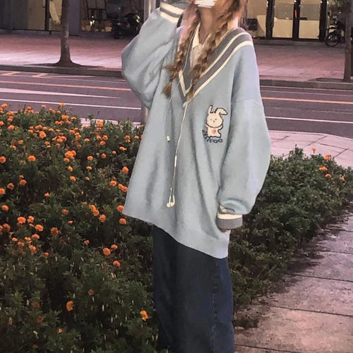 Load image into Gallery viewer, V-neck Loose Sweater Women Y2k Aesthetics Pullover Harajuku Rabbit Kawaii Blue Jumpers Grunge Korean Fashion Cute Tops
