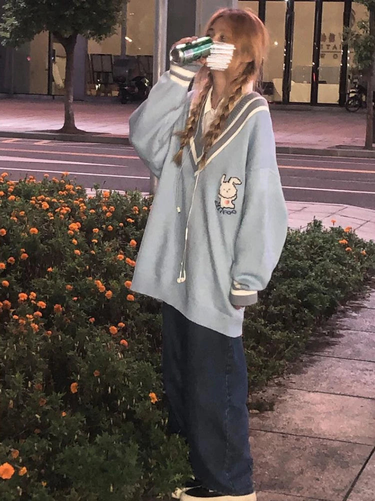 V-neck Loose Sweater Women Y2k Aesthetics Pullover Harajuku Rabbit Kawaii Blue Jumpers Grunge Korean Fashion Cute Tops