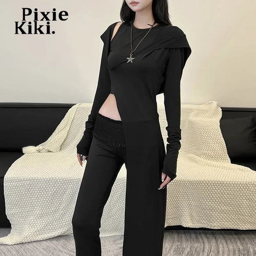 Load image into Gallery viewer, Hooded Asymmetrical Long Sleeve Top Two Piece Set Streetwear Trendy Black T Shirts for Woman Fall 2024 P71-CF31
