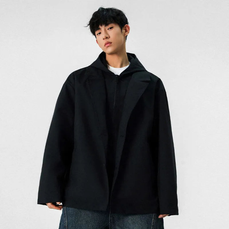 Men's Hooded Suit Jacket New Korean Lapel Fake Two-piece Design Single Breasted Solid Color Spring New Male Blazers 9W1242