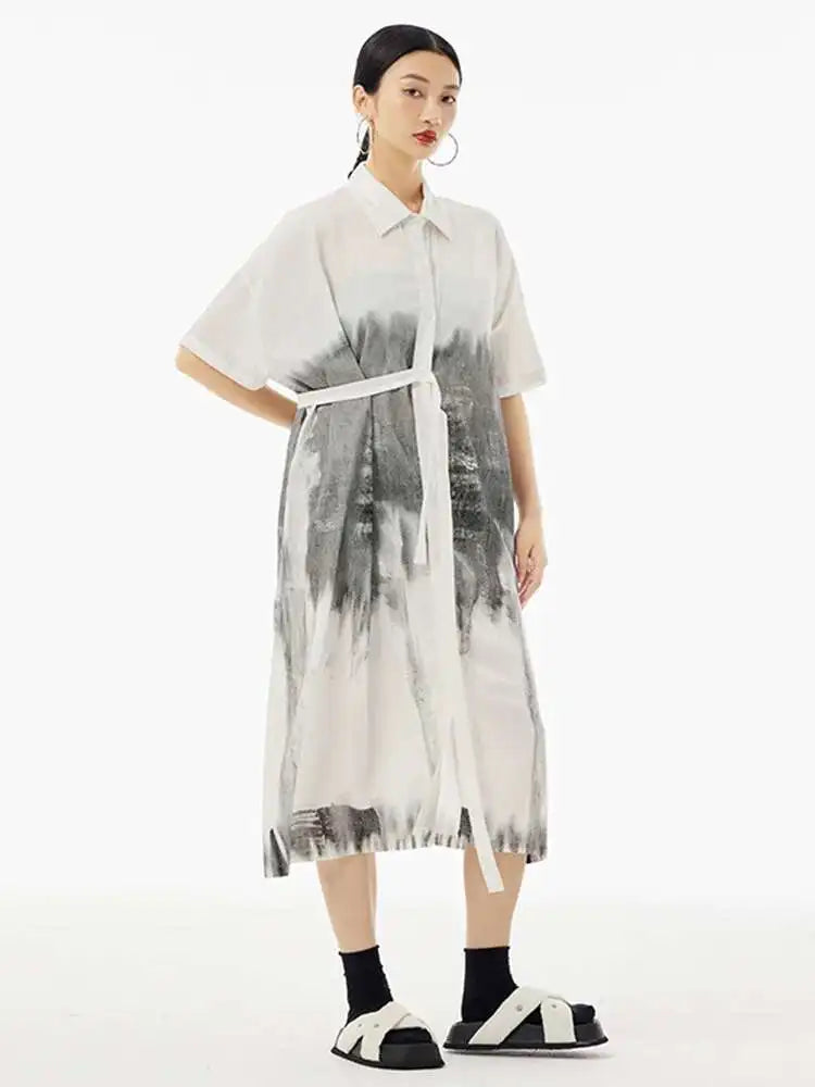 Women Green Pattern Printed Belted Big Size Shirt Dress New Lapel Short Sleeve Fashion Tide Spring Summer 2025  1DH5759