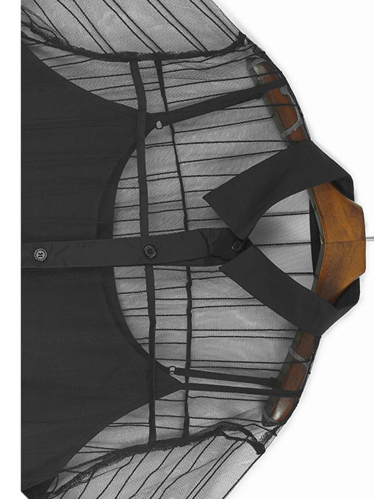 Women Black Mesh Perspective Midi Elegant Shirt Dress New Lapel Short Sleeve Fashion Tide Spring Summer 2025 1DJ0866