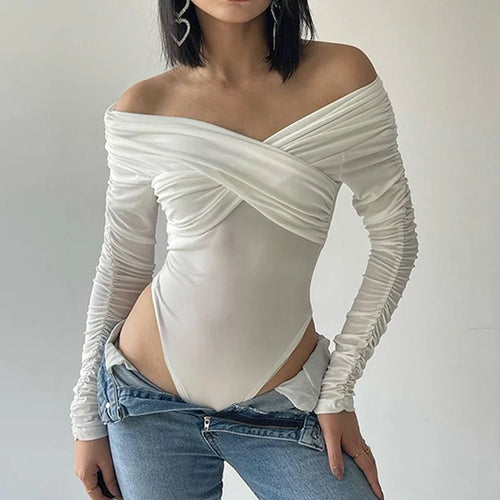 Load image into Gallery viewer, Fashion White Fold Skinny Sexy Bodysuit Women Off Shoulder Party Body One Piece Criss-Cross Elegant Jumpsuit Outfits
