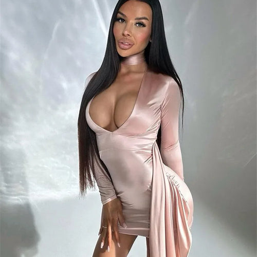 Load image into Gallery viewer, Irregular Sexy Mini Dress For Women Low Cut Long Sleeve Ruched Bodycon Dress Femme Elegant Club Party Sexy Dress New
